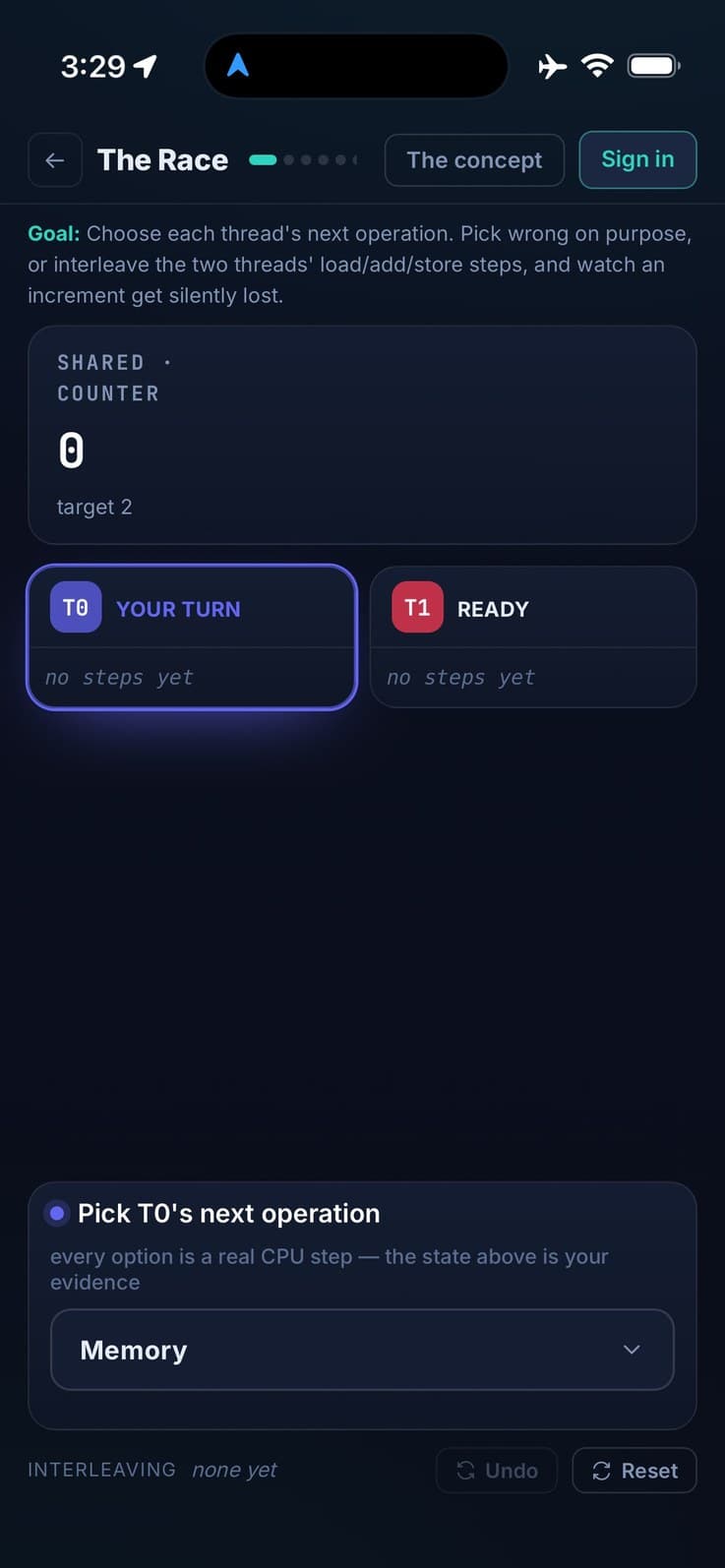The Race — picking a thread's next operation on a shared counter